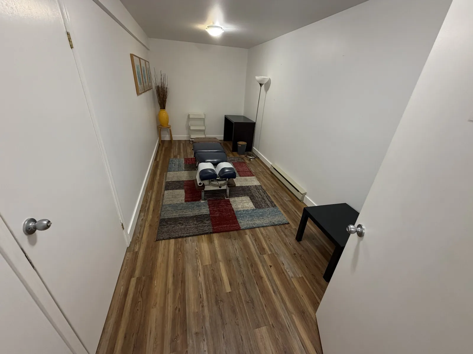 Room 1: long room with wood-look floor, white walls and a closet door on the left